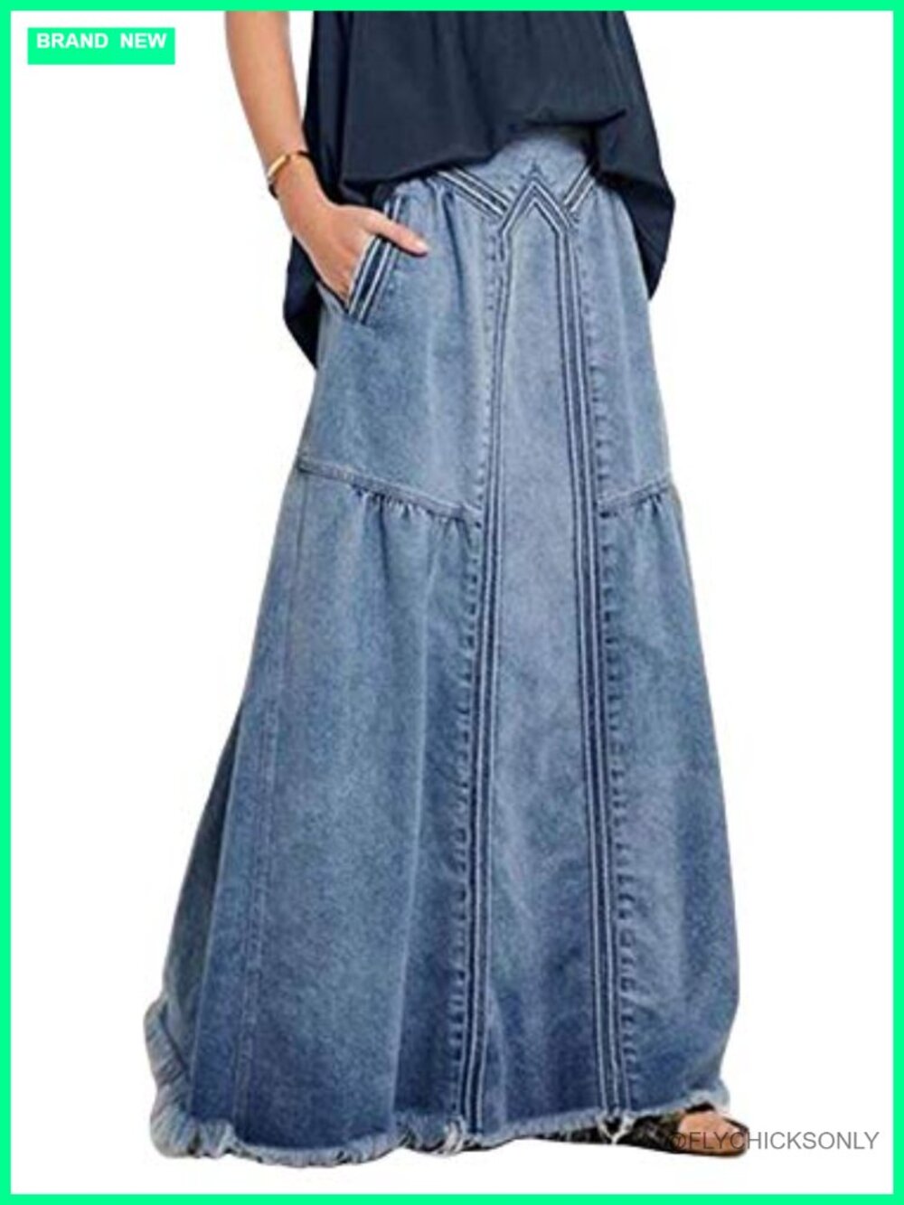 Casual Elastic Waist Frayed Hem A-Line Distressed Hippie Long Maxi Denim Skirt
